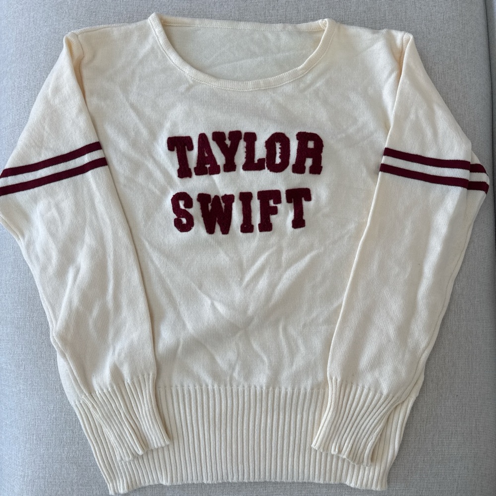 Taylor Swift Cream Crewneck Sweater with Maroon Lettering